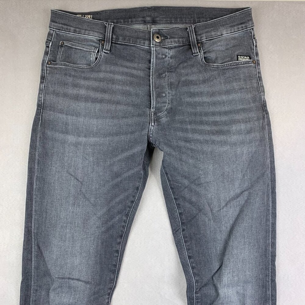 G Star Raw Mens Pants 34 Gray Denim Jeans 3301 Slim Button Fly Faded Tall 34x36 - Picture 2 of 14